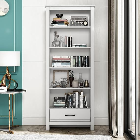 Tall 5 Tier White Bookcase with Drawer – Modern Storage Shelves for Home Office