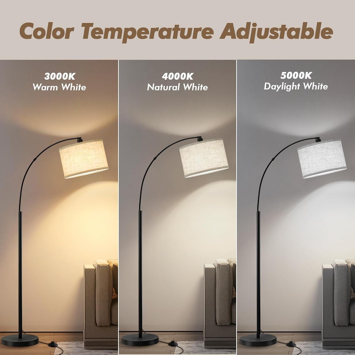 Black Arc Floor Lamp Adjustable Head Tall Standing Light with Fabric Shade