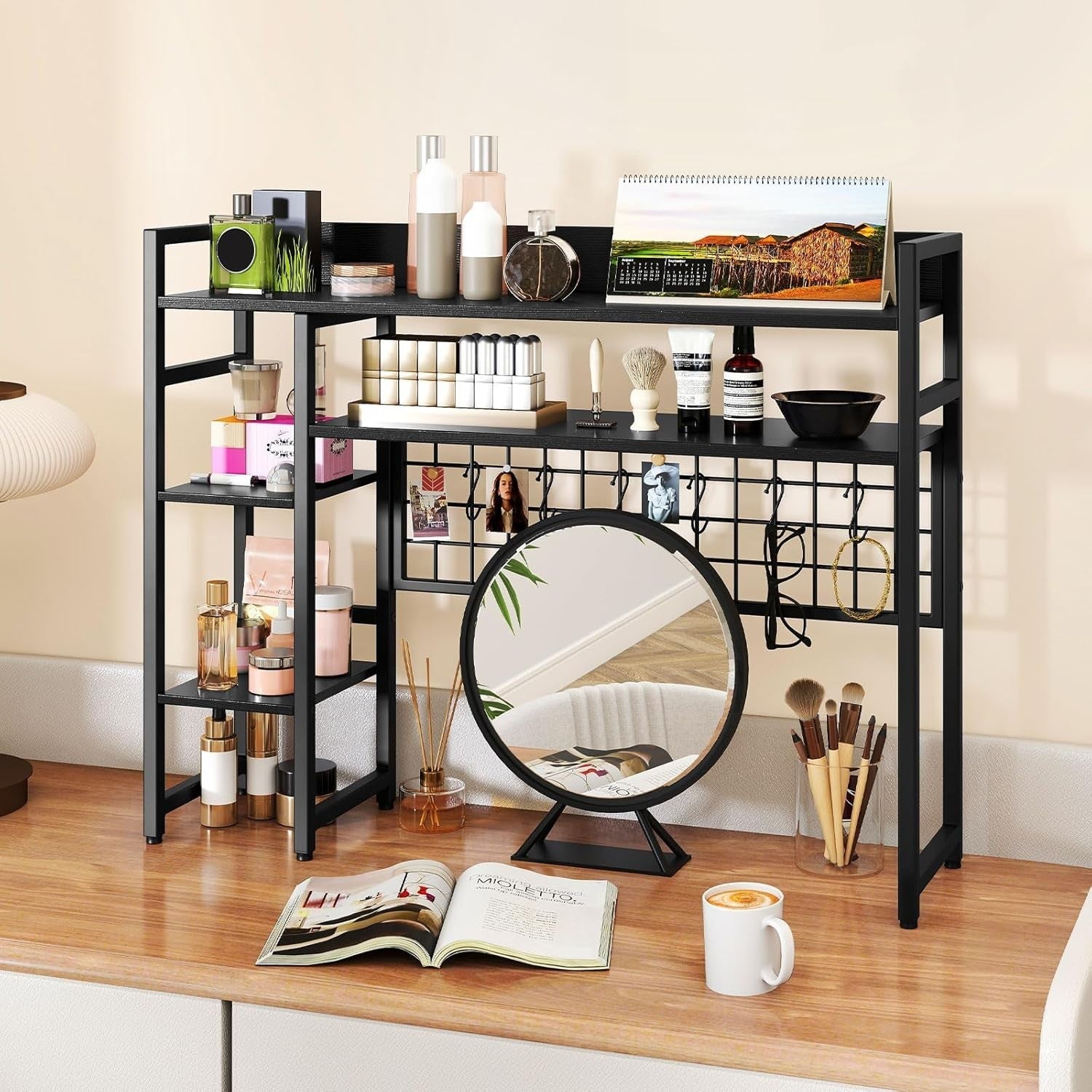 37" Desk Hutch Shelf with Grid Panel | 4-Tier Desktop Organizer Rack + Hooks