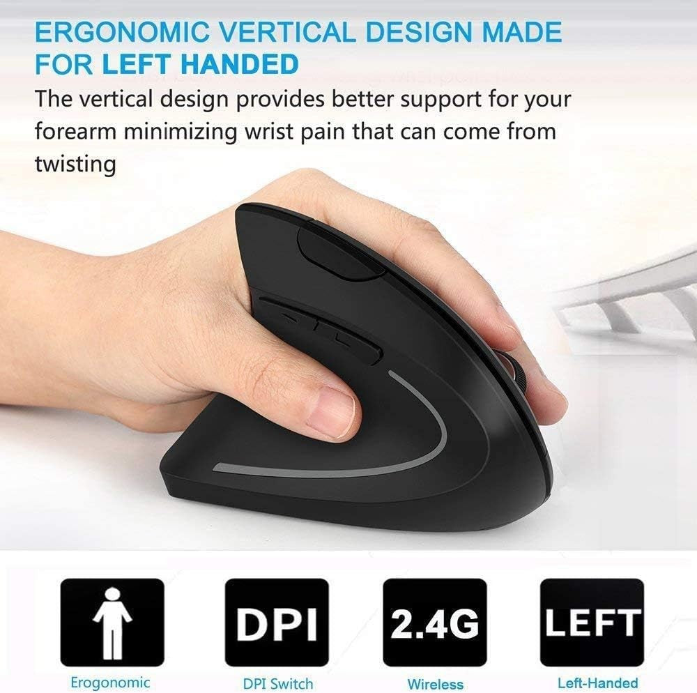 Left Handed Vertical Ergonomic Wireless Mouse 1600 DPI Comfort Grip