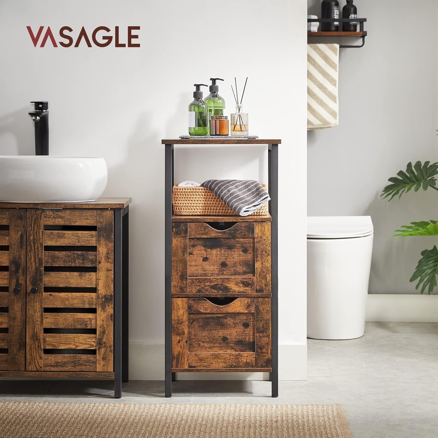 Rustic Brown Bathroom Cabinet – 2 Drawers + Open Shelf Industrial Storage Unit