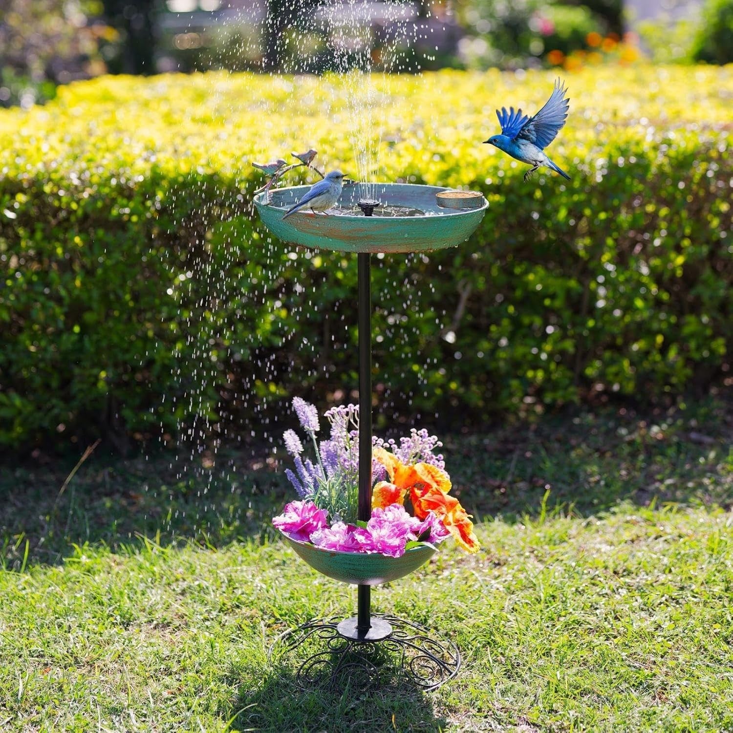 Wrought Iron Bird Bath Feeder Outdoor Garden Decor Double Bowl Stand