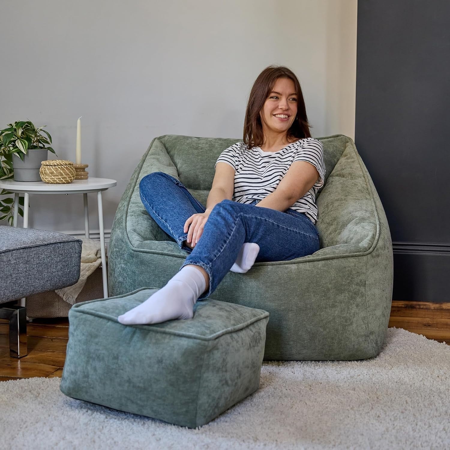 Adult Bean Bag Chair with Footstool Sage Green Comfy Armchair Set Lounge