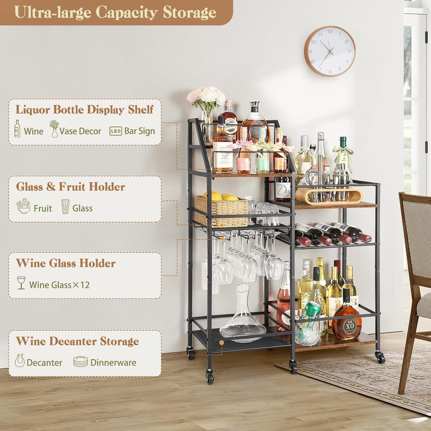 Rolling Bar Cart Drinks Trolley with Wine Rack & Glass Holder 3 Tier Storage