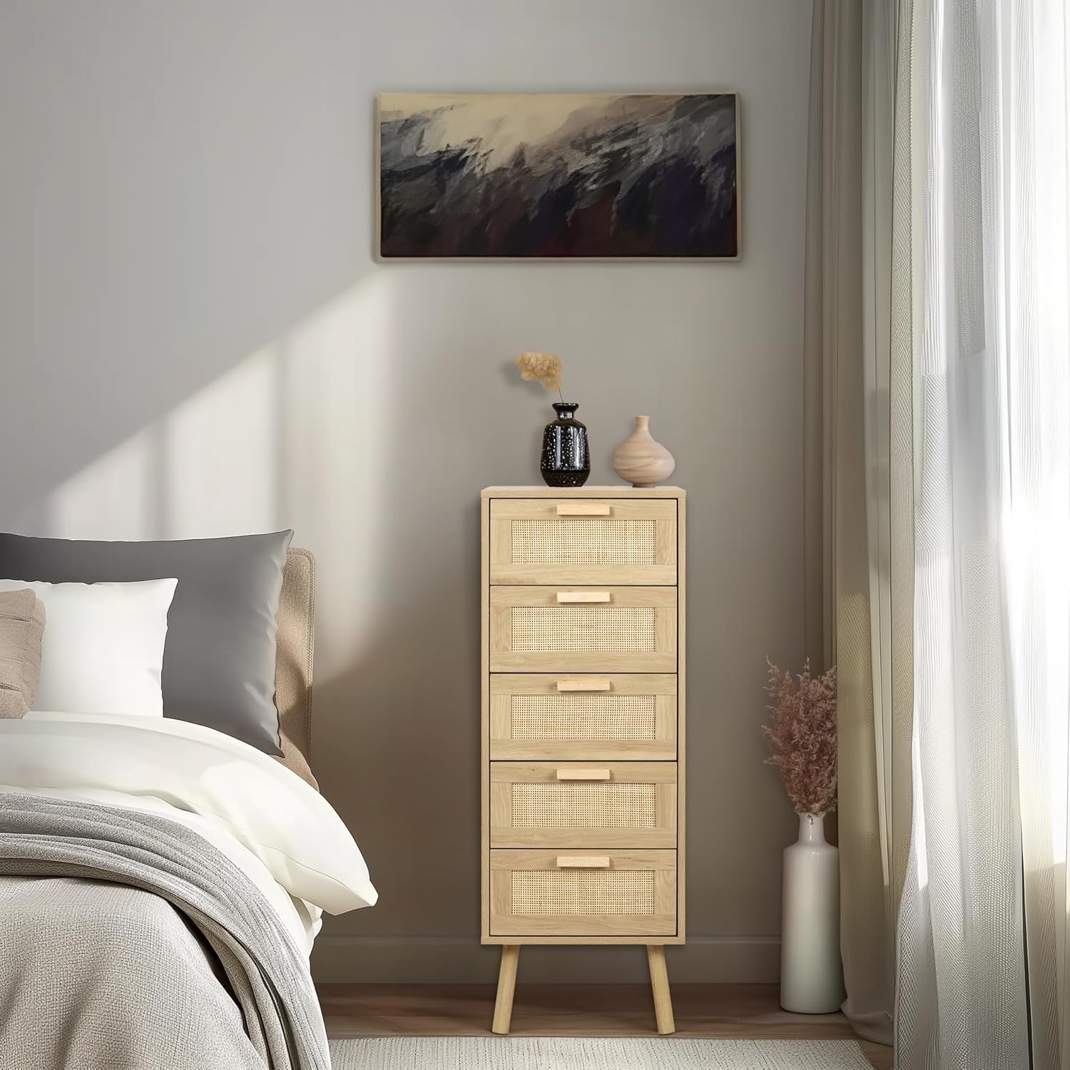 5 Drawer Rattan Chest Storage Unit Tall Bedroom Cabinet with Wood Legs