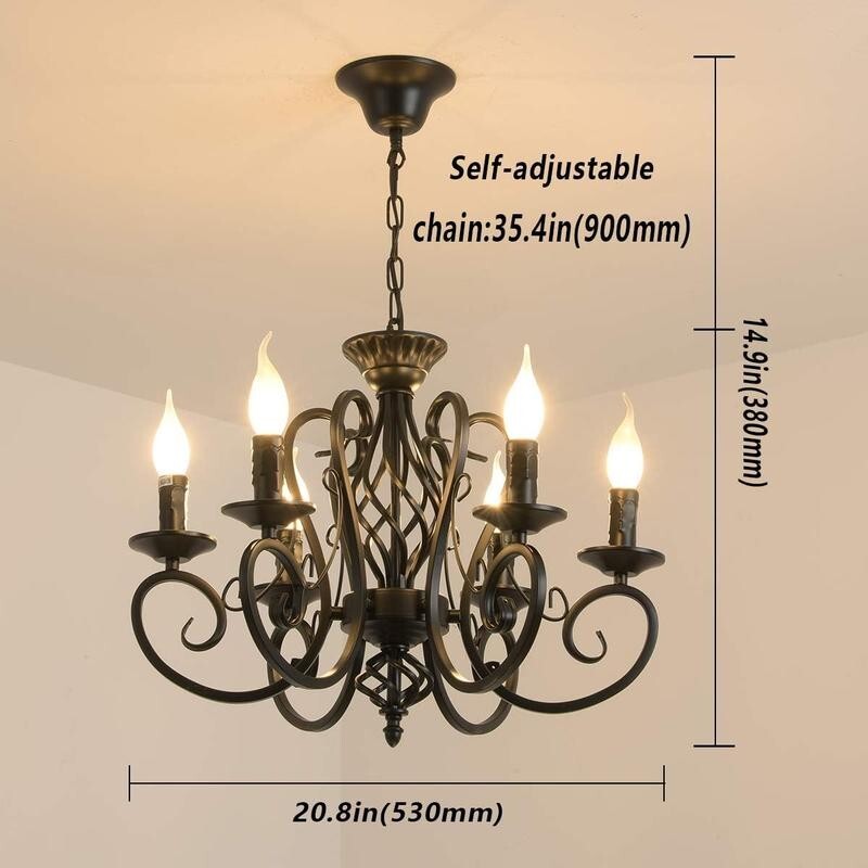 6-Light Black Candle Chandelier E14 Vintage Pendant Rustic Iron Ceiling Light