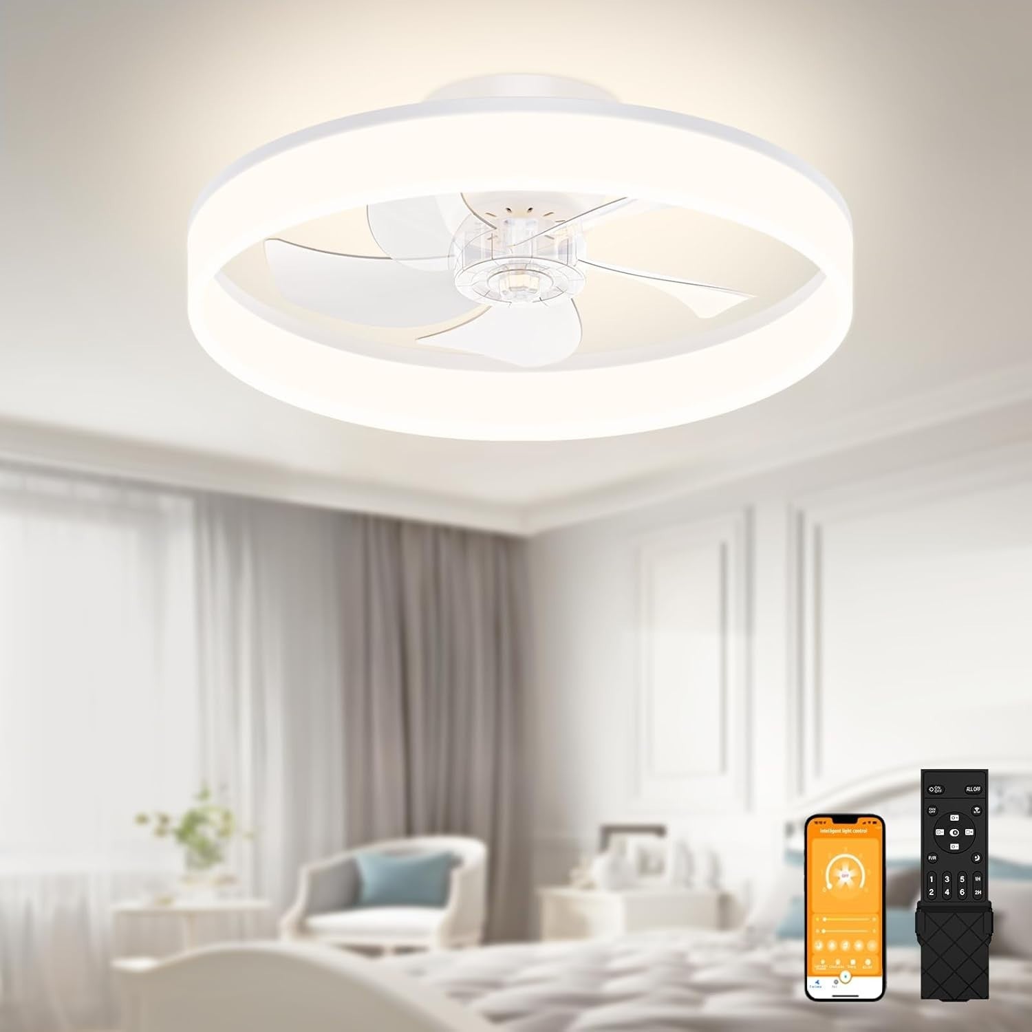 40cm Ceiling Fan with Lights, 6 Speeds, Dimmable LED, Remote