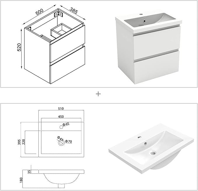500mm White Wall Hung Bathroom Vanity Unit with Basin Sink Cabinet