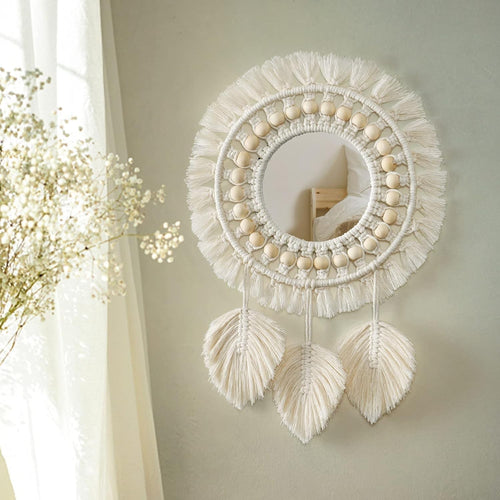 Boho Macrame Wall Mirror 13" Round Cotton Fringe Mirror Decor