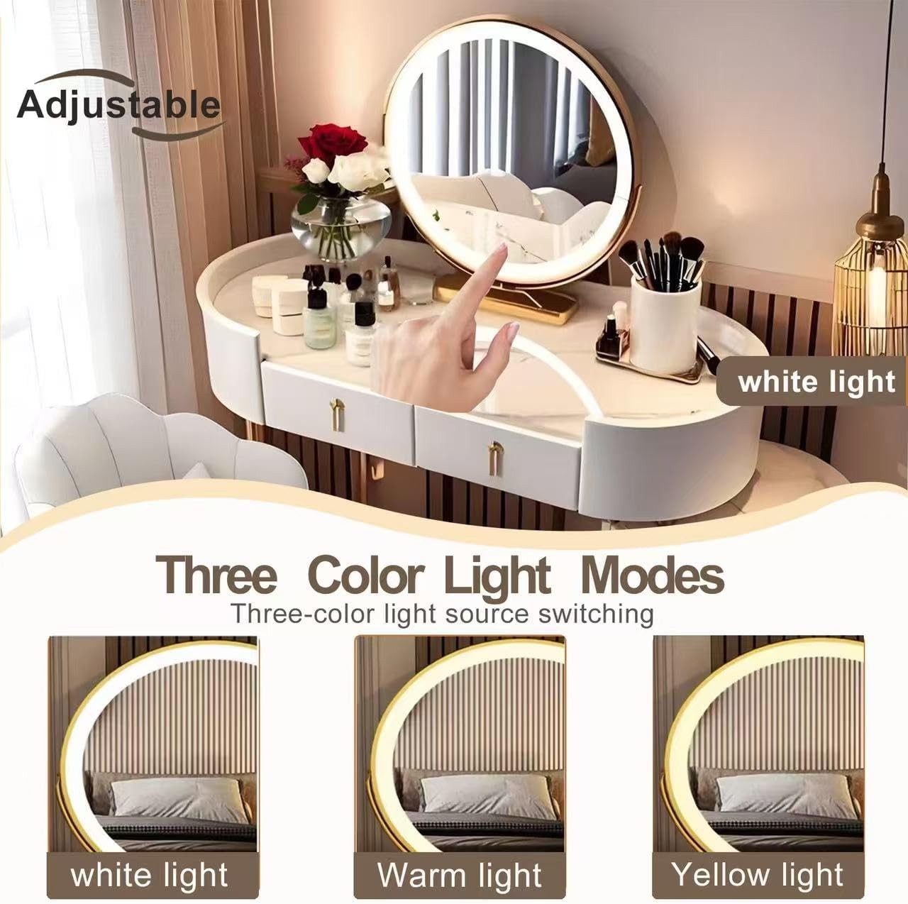 Modern White Vanity Dressing Table Set w/LED Mirror, Storage, 5 Drawers & Stool