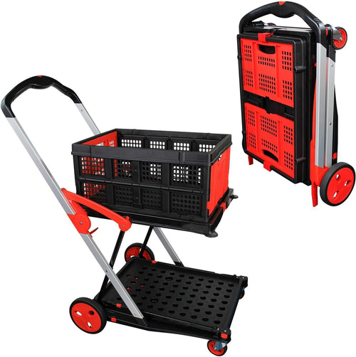 Folding Shopping Cart Two-Tier Utility Trolley 360° Swivel Wheels Red