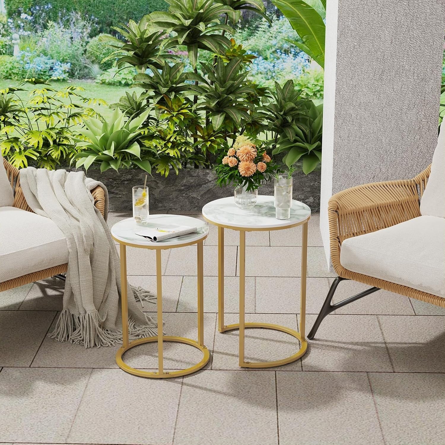 Round Gold Side End Table Marble Top Living Room Sofa Bedside C-Shape Nesting