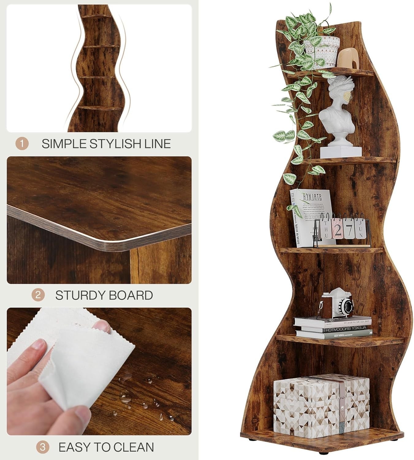 Rustic 5-Tier Wavy Corner Bookshelf | Stylish Slim Space-Saving Display Rack