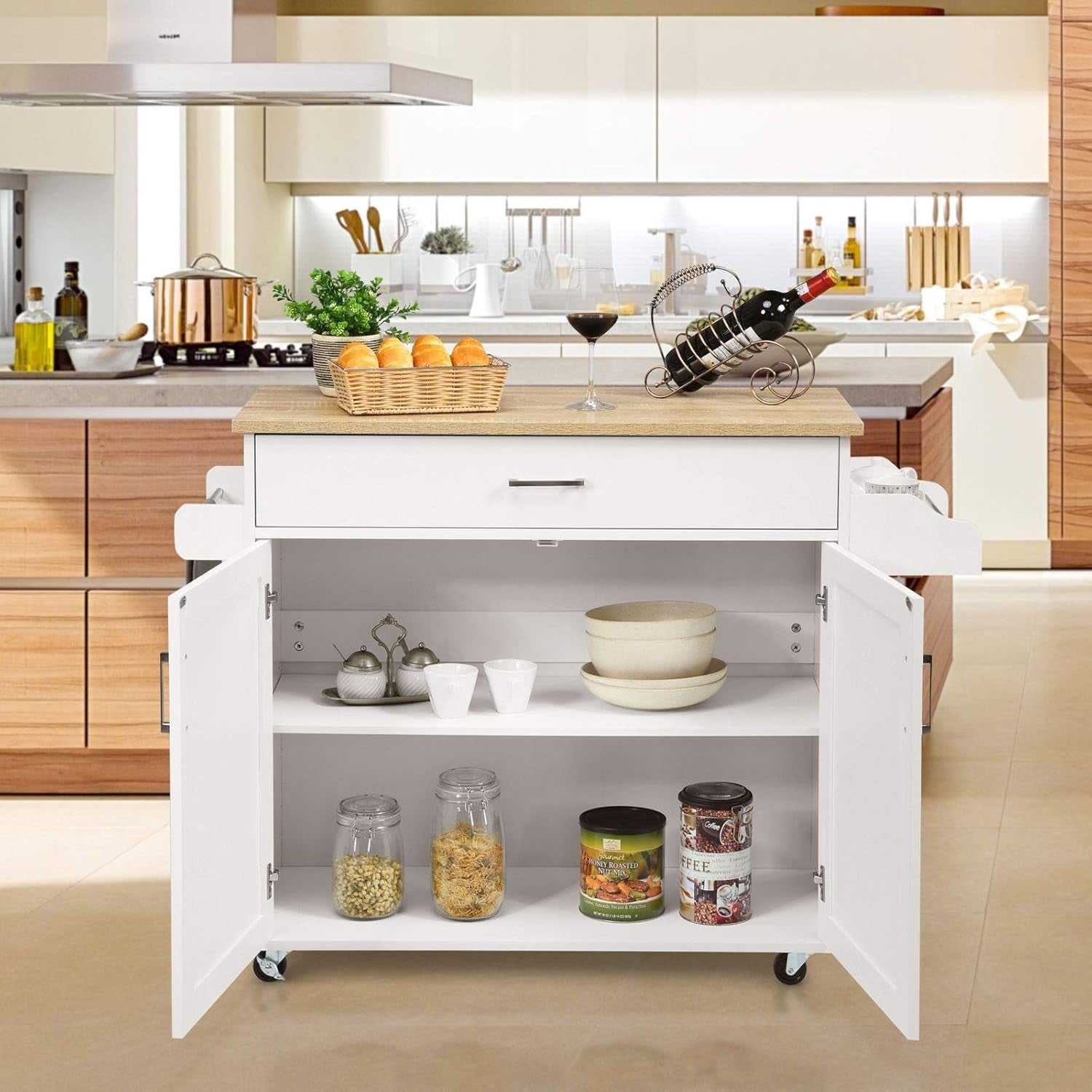 Rolling Kitchen Storage Cart with Adjustable Shelf & Large Drawer, Mobile Island