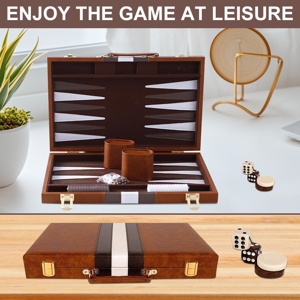 11 Inch Backgammon Set Leather Case Portable Travel Board Game Dice Cups