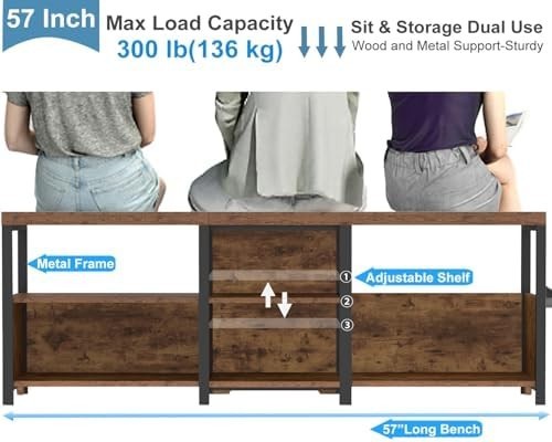 Rustic Brown Entryway Bench 145cm Shoe Storage Hallway Corner Seat