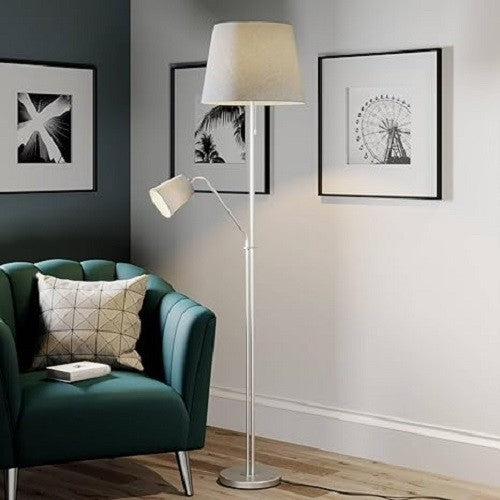 Modern Floor Lamp with Fabric Shade Standing Light Reading Lamp Silver