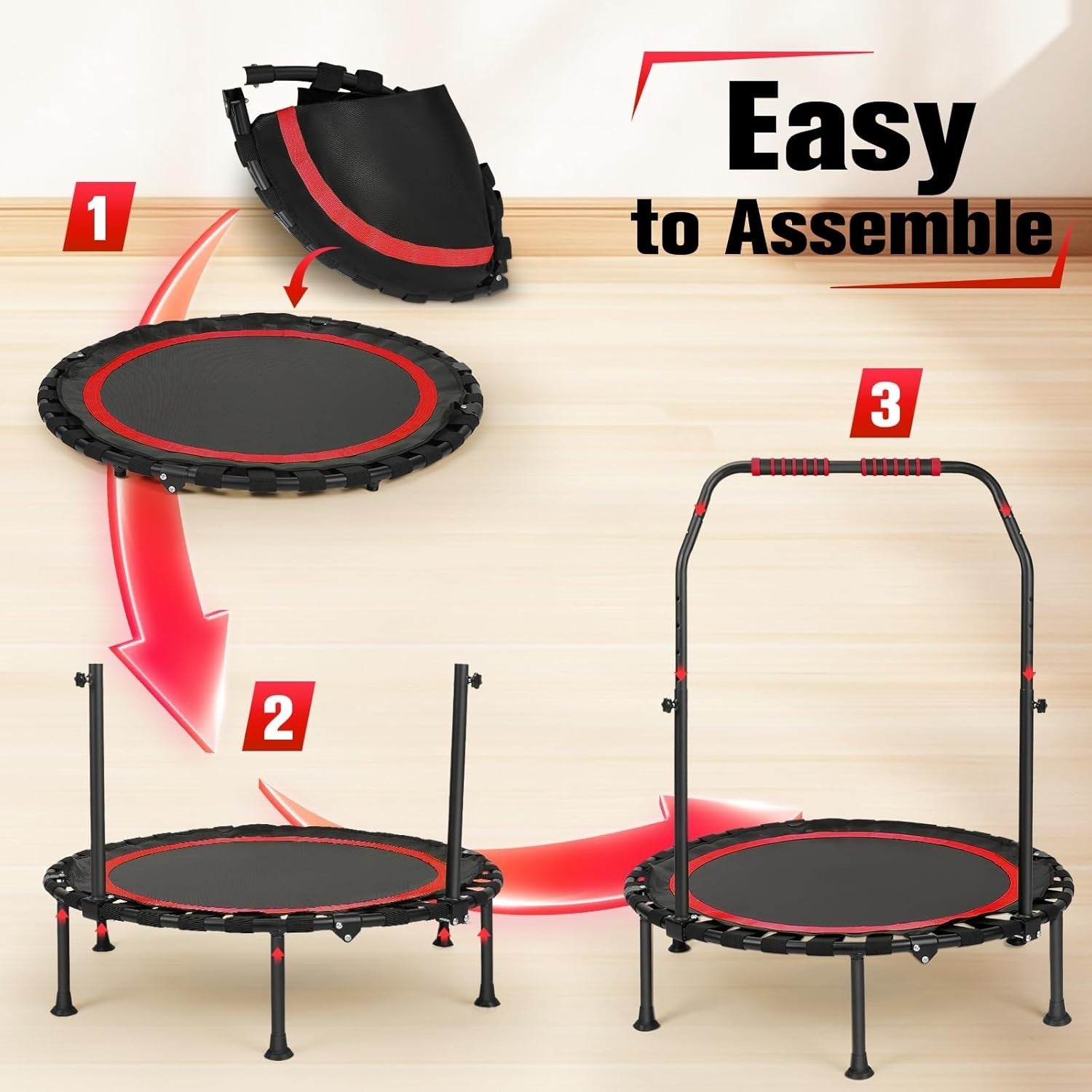 Foldable Fitness Trampoline Indoor w Adjustable Grab Bar Quiet 150kg