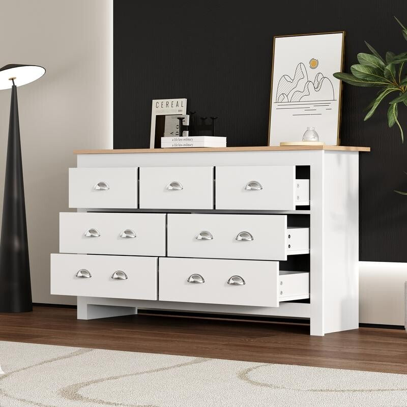 White Oak Sideboard Storage Cabinet 7 Drawer Buffet Table Unit Modern