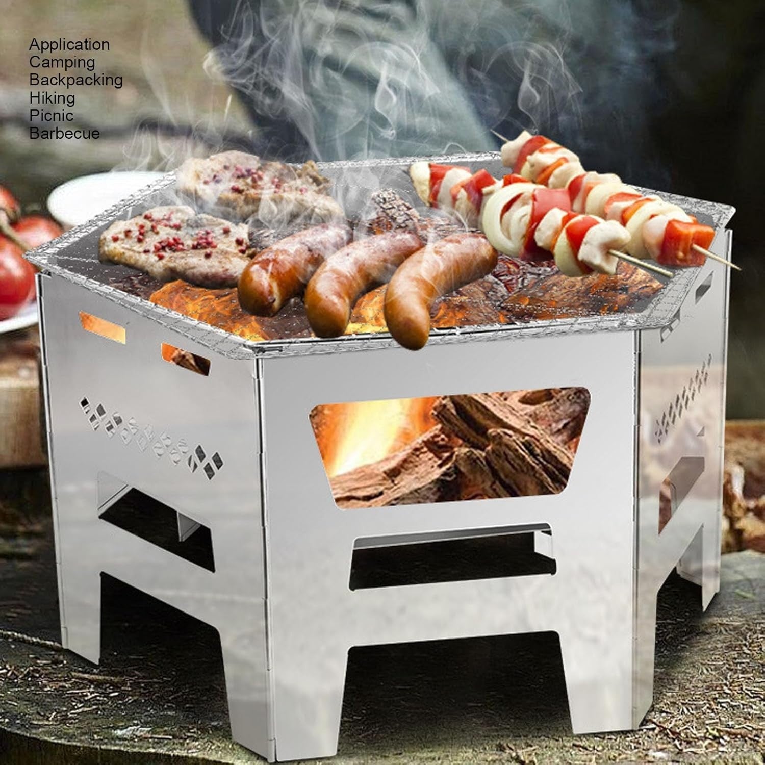 Stainless Steel Foldable Camping Wood Stove BBQ Grill Portable Outdoor Cooking