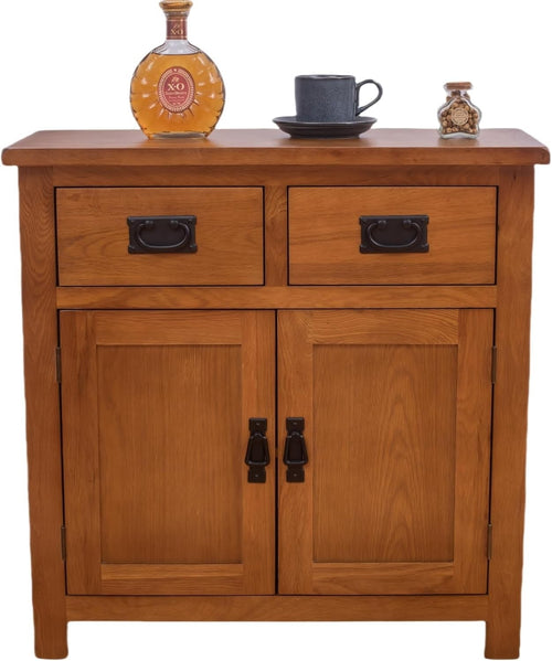 Small Solid  Rustic Oak Sideboard Cabinet 2 Door 2 Drawer Hallway Storage Unit