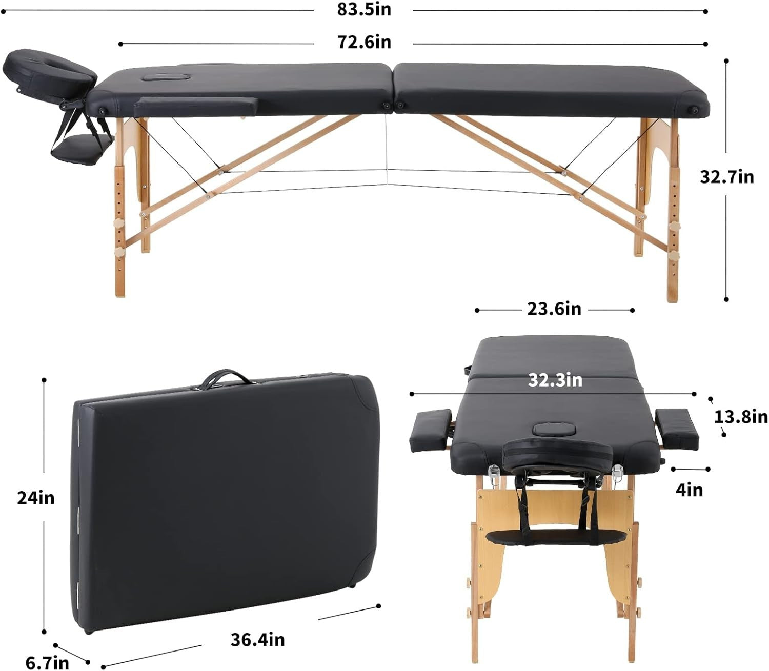 Portable Massage Table Foldable Wooden Height Adjustable Therapy Bed Black