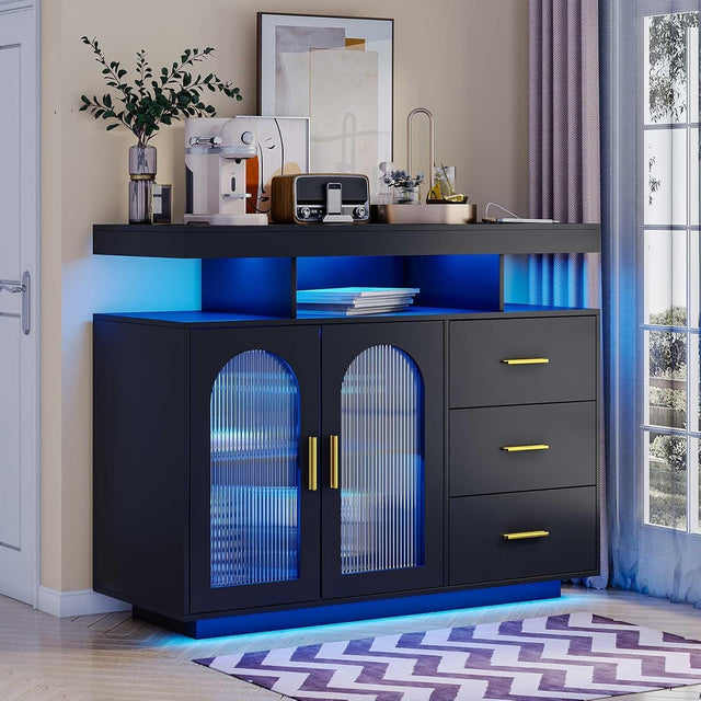 LED Sideboard Buffet with Wireless Charging, RGB Lights & USB Storage