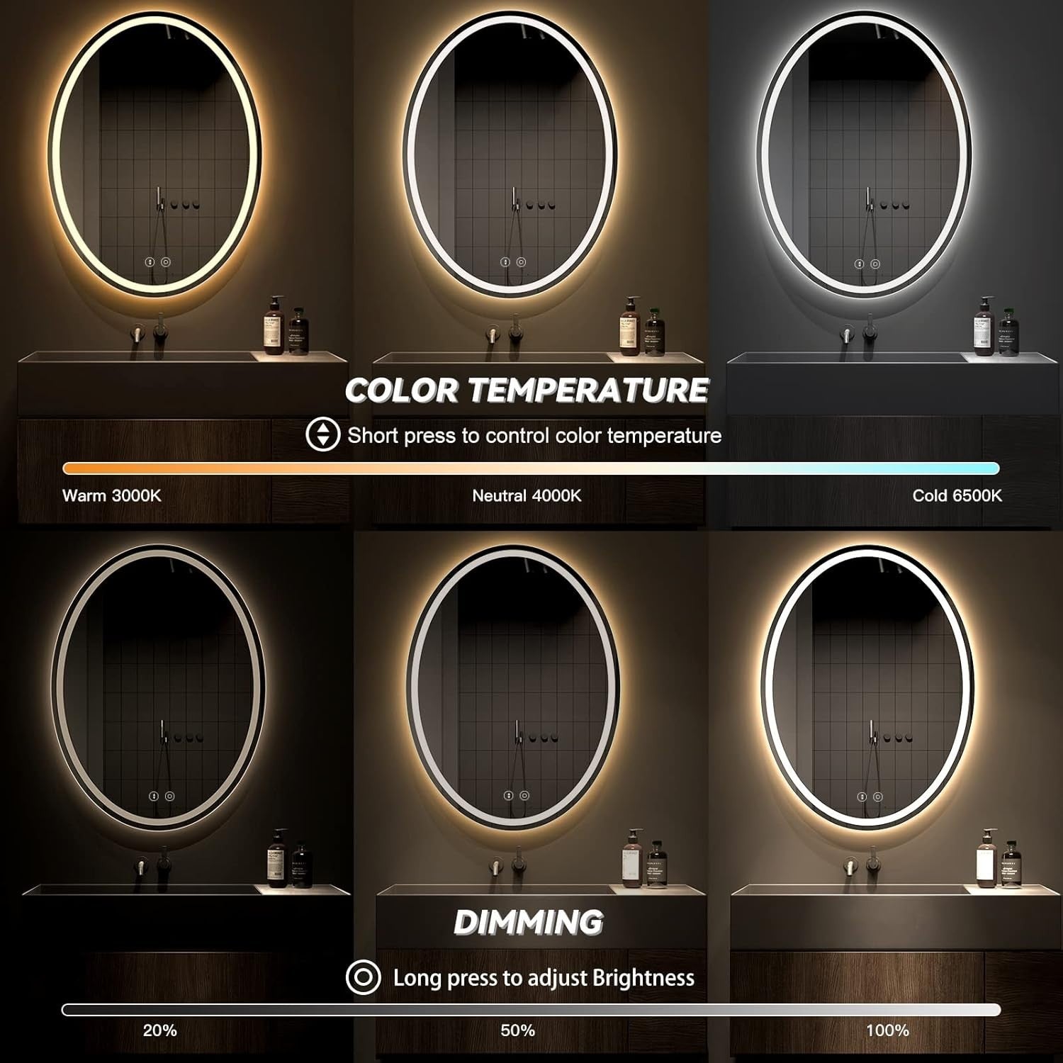 Oval LED Bathroom Mirror 80x60 cm, Anti-Fog, Dimmable 3-Color Light