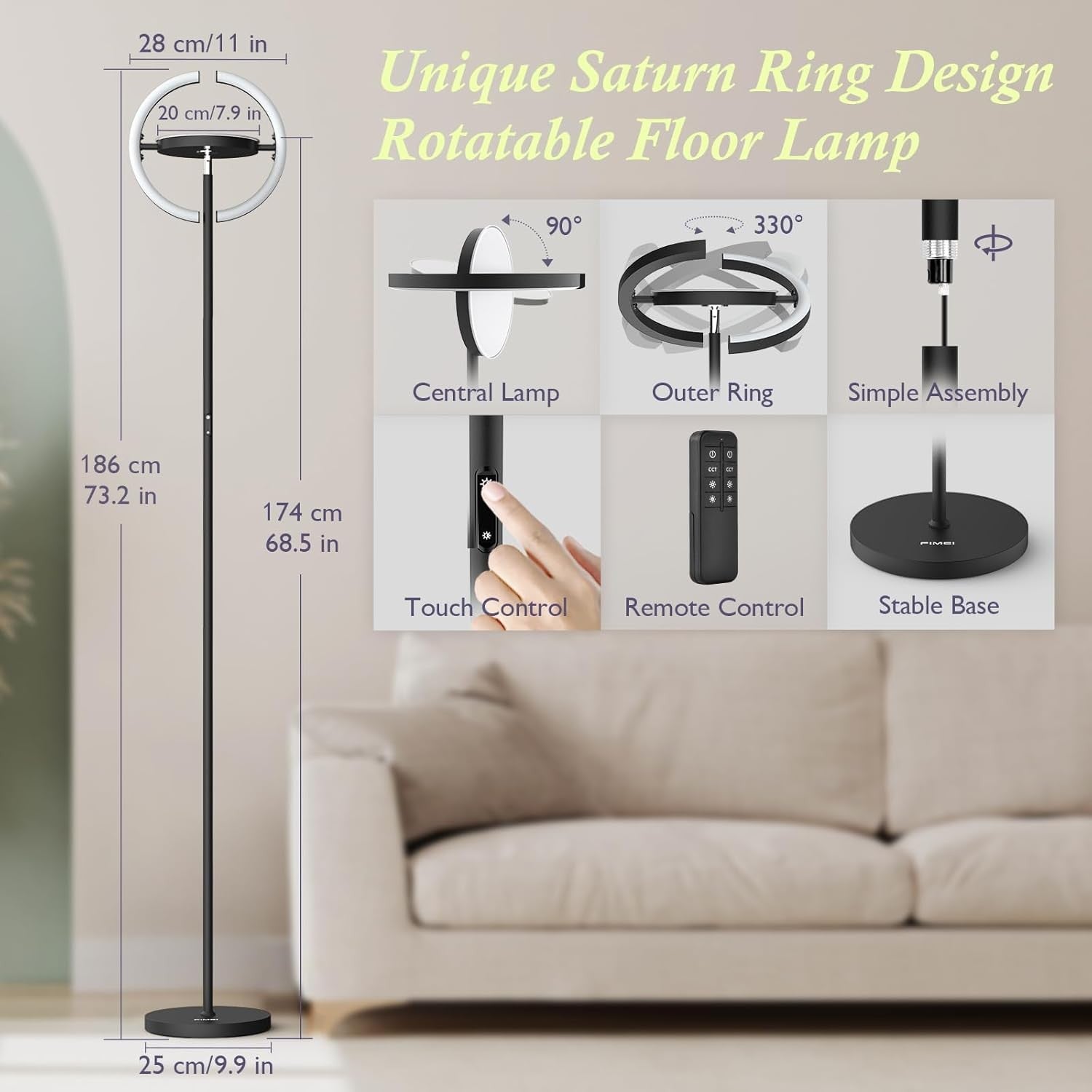 Modern LED Floor Lamp Dimmable Remote Touch Eye Caring Uplighter Black