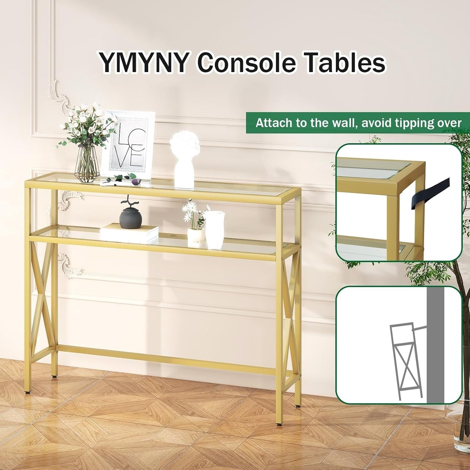 Tempered Glass Console Table with Adjustable Feet & Metal Frame, Gold