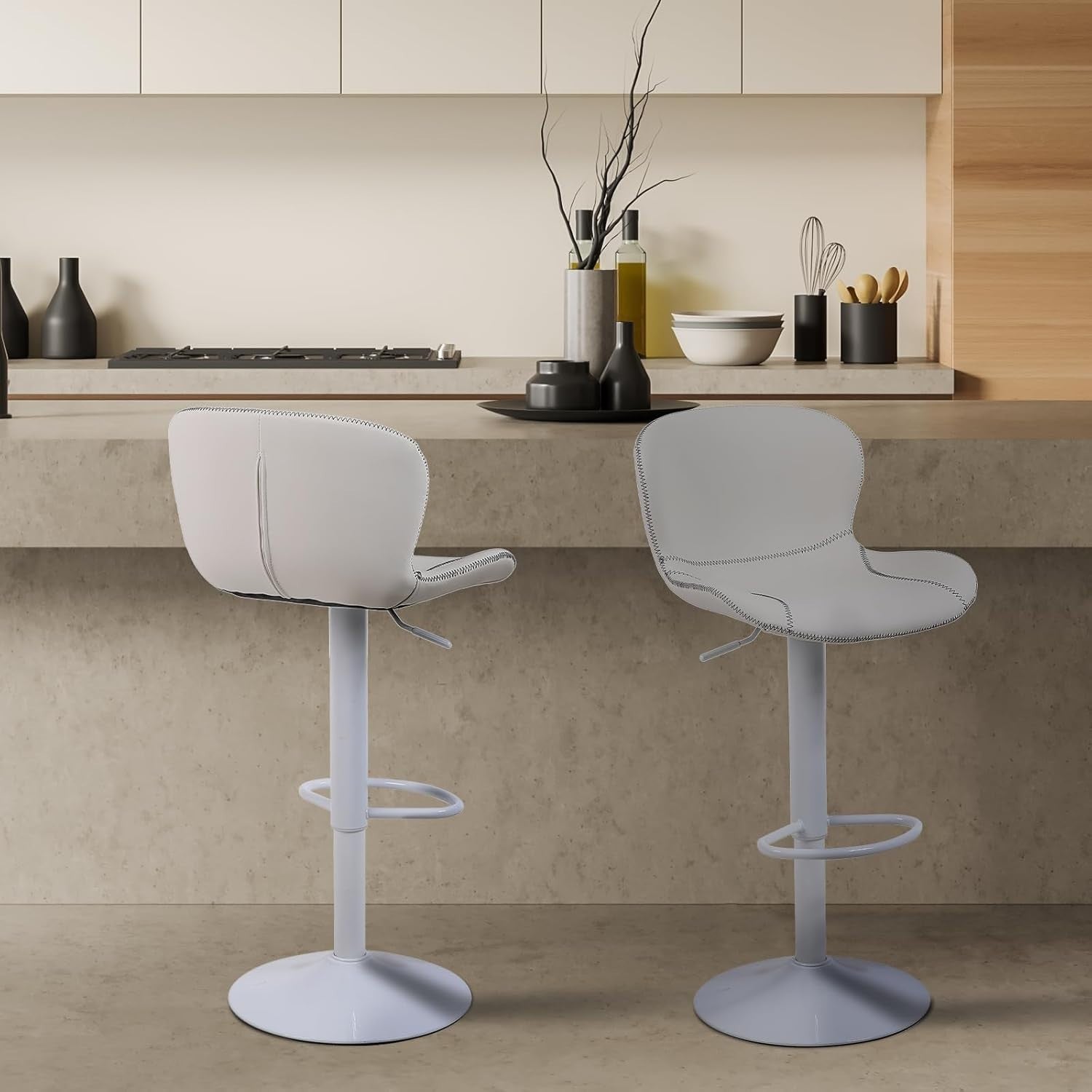 White PU Leather Bar Stools Set of 3 | Adjustable Swivel Counter Chairs