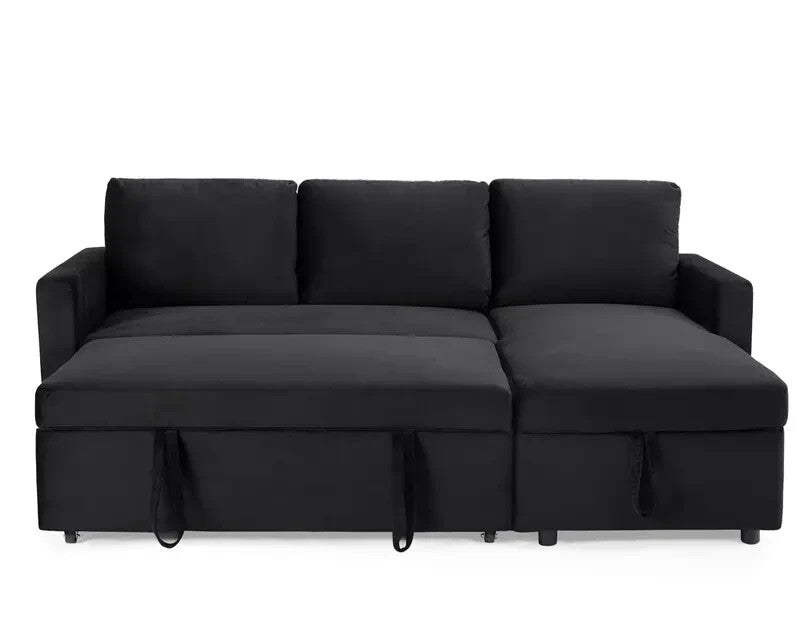 3 Seater Sofa Bed Pull-Out Reversible Chaise Black Velvet Storage Couch
