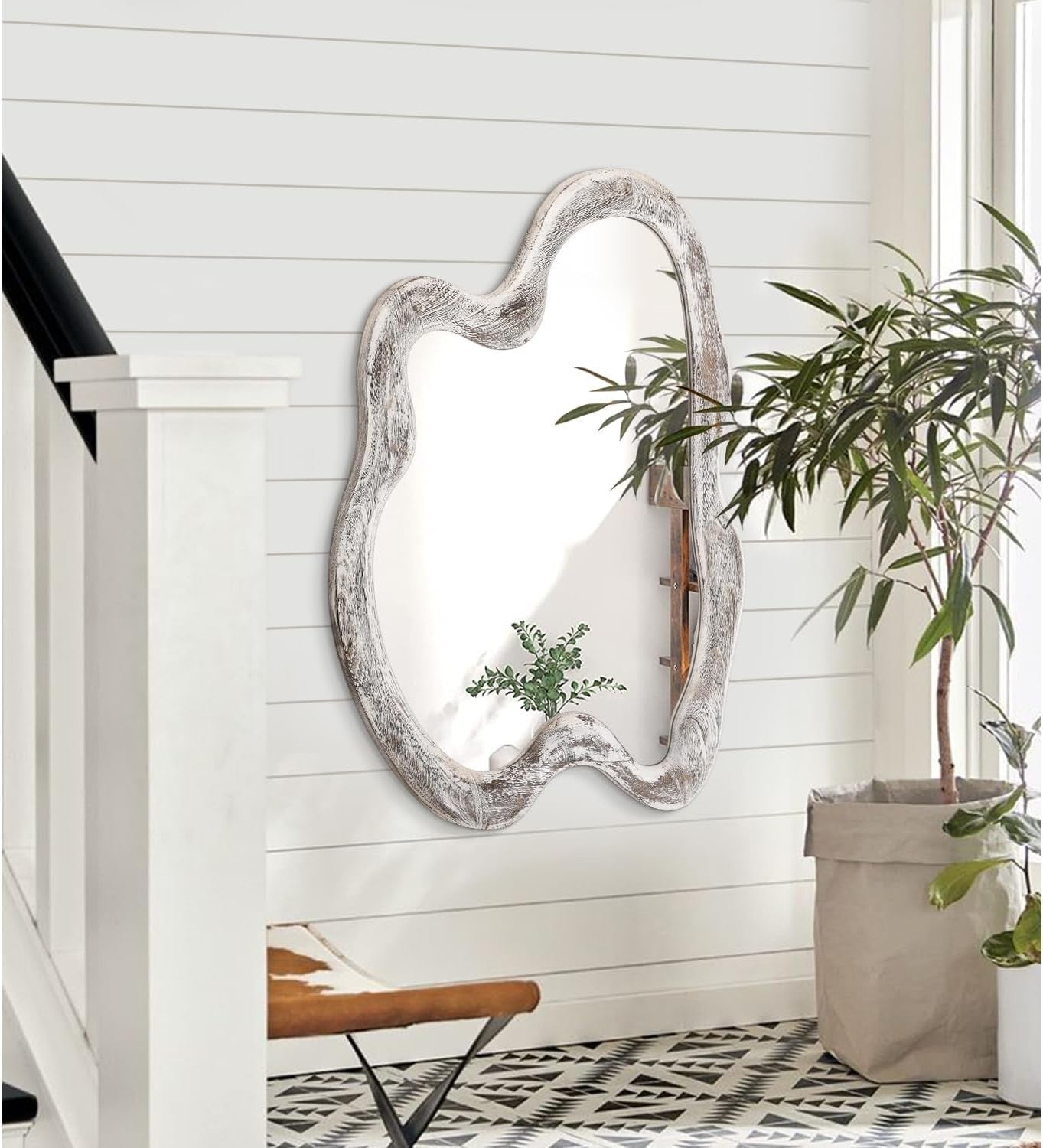 Vintage Irregular Wall Mirror 80x60cm Rustic White Frame for Entryway