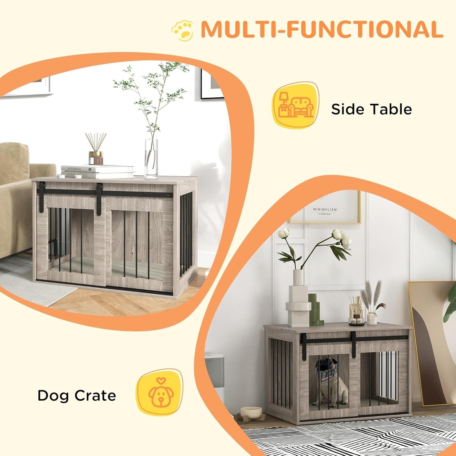 Medium Dog Crate Furniture with Sliding Barn Door & Washable Cushion