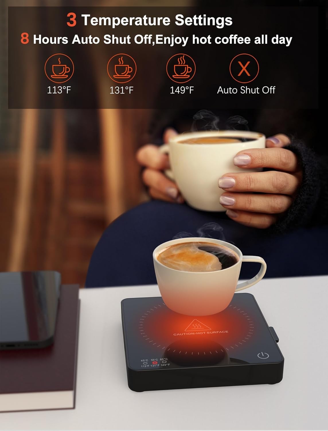 Black Coffee Mug Warmer 15W Wireless Charger 3 Temp 8H Auto Off