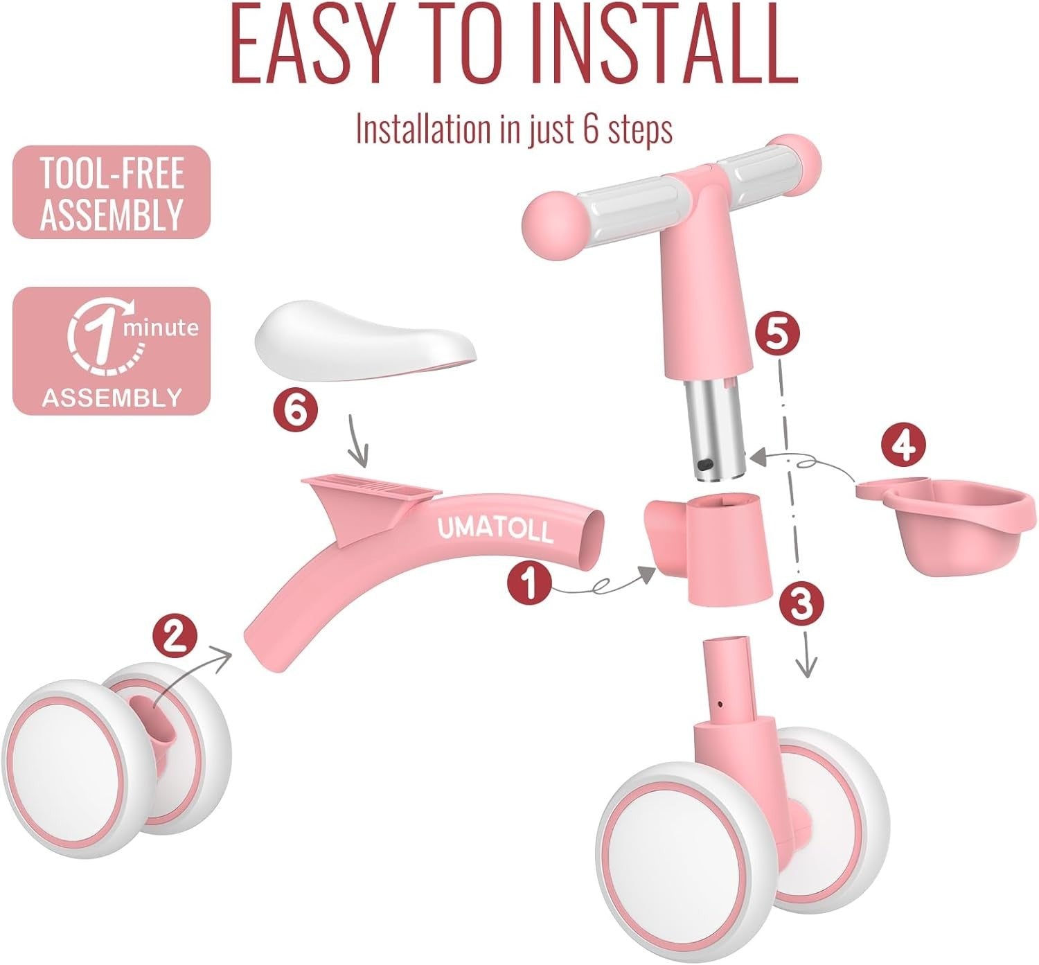 Toddler Balance Bike 12-24 Months Adjustable Seat 4 Wheel Pink