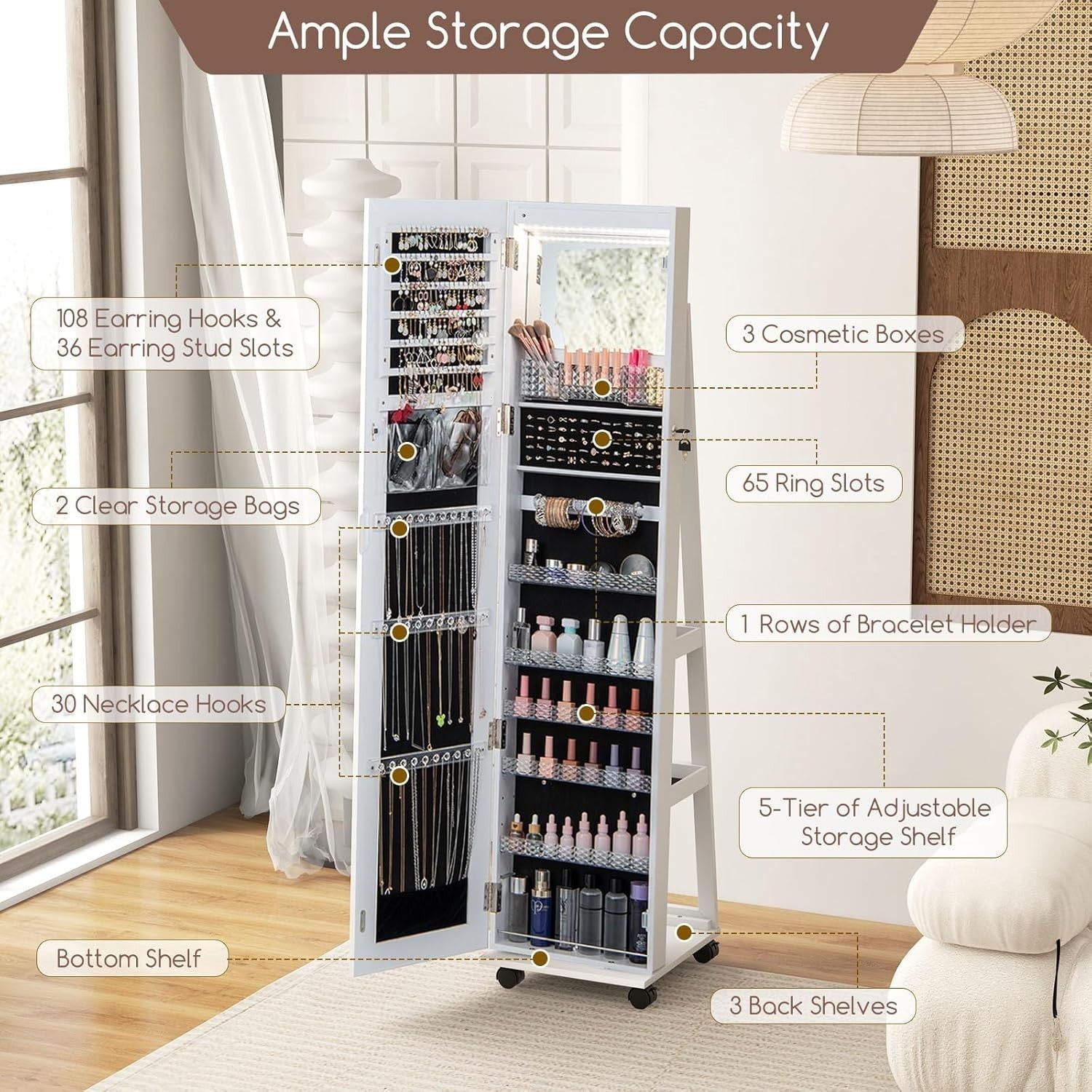 White LED Jewelry Cabinet Mirror Lockable Rolling Storage Organizer