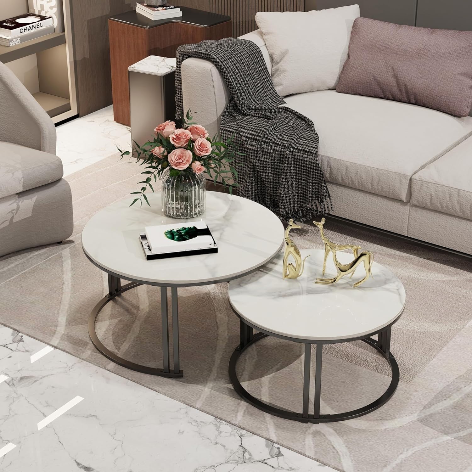 Round Nesting Coffee Table White Sintered Stone Metal Legs Space Saving Luxury