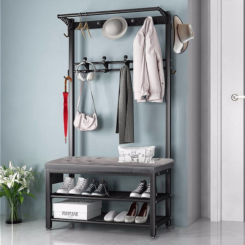 Industrial Hall Tree Coat Rack with Bench & Shoe Storage – Entryway Organizer 10