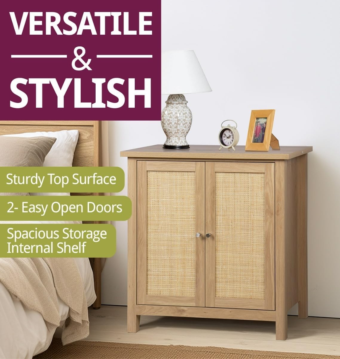 Oak Effect Small Cupboard with Rattan Doors 2 Tier Boho Storage Unit
