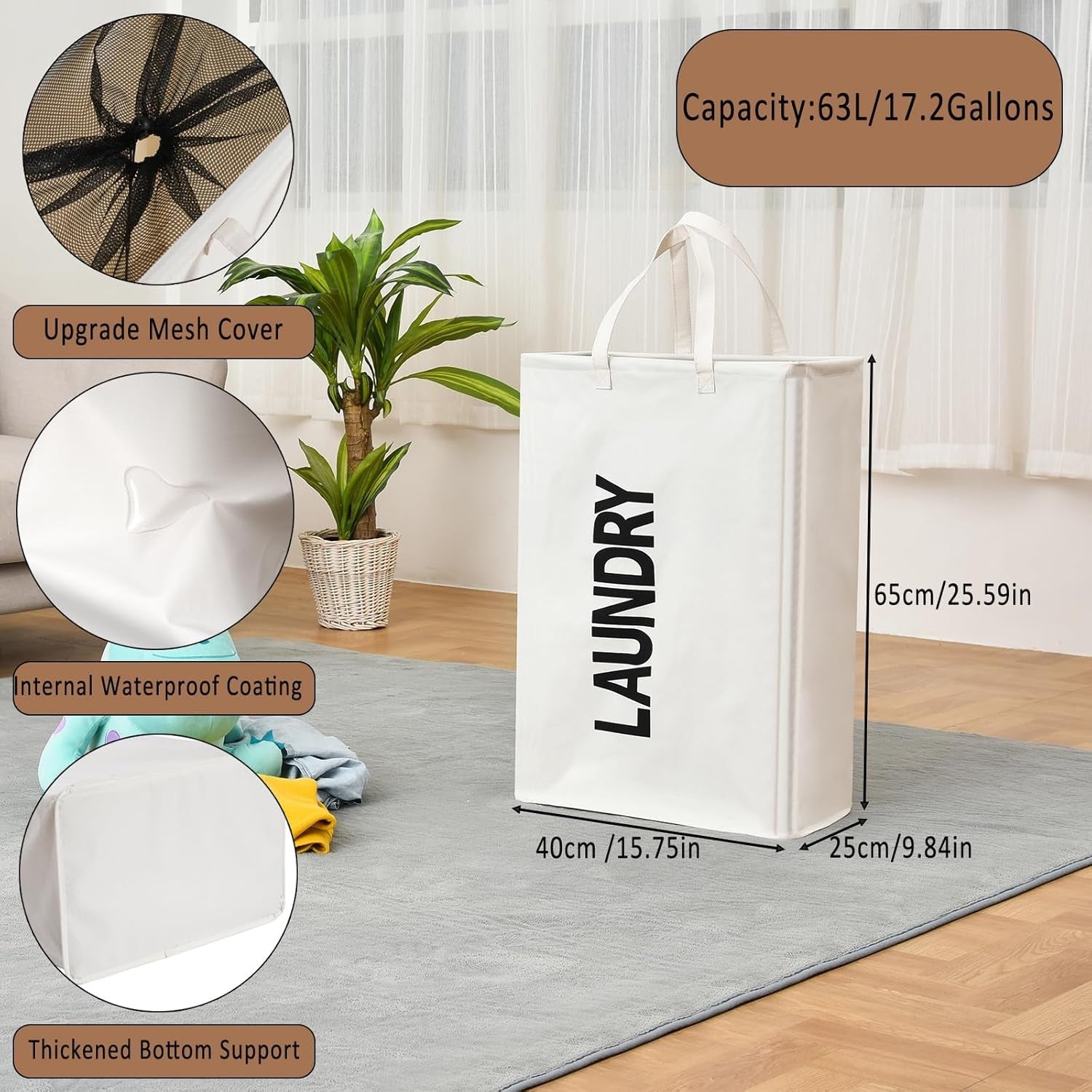 Tall Slim Double Laundry Hamper Beige 63L Foldable Basket with Handles