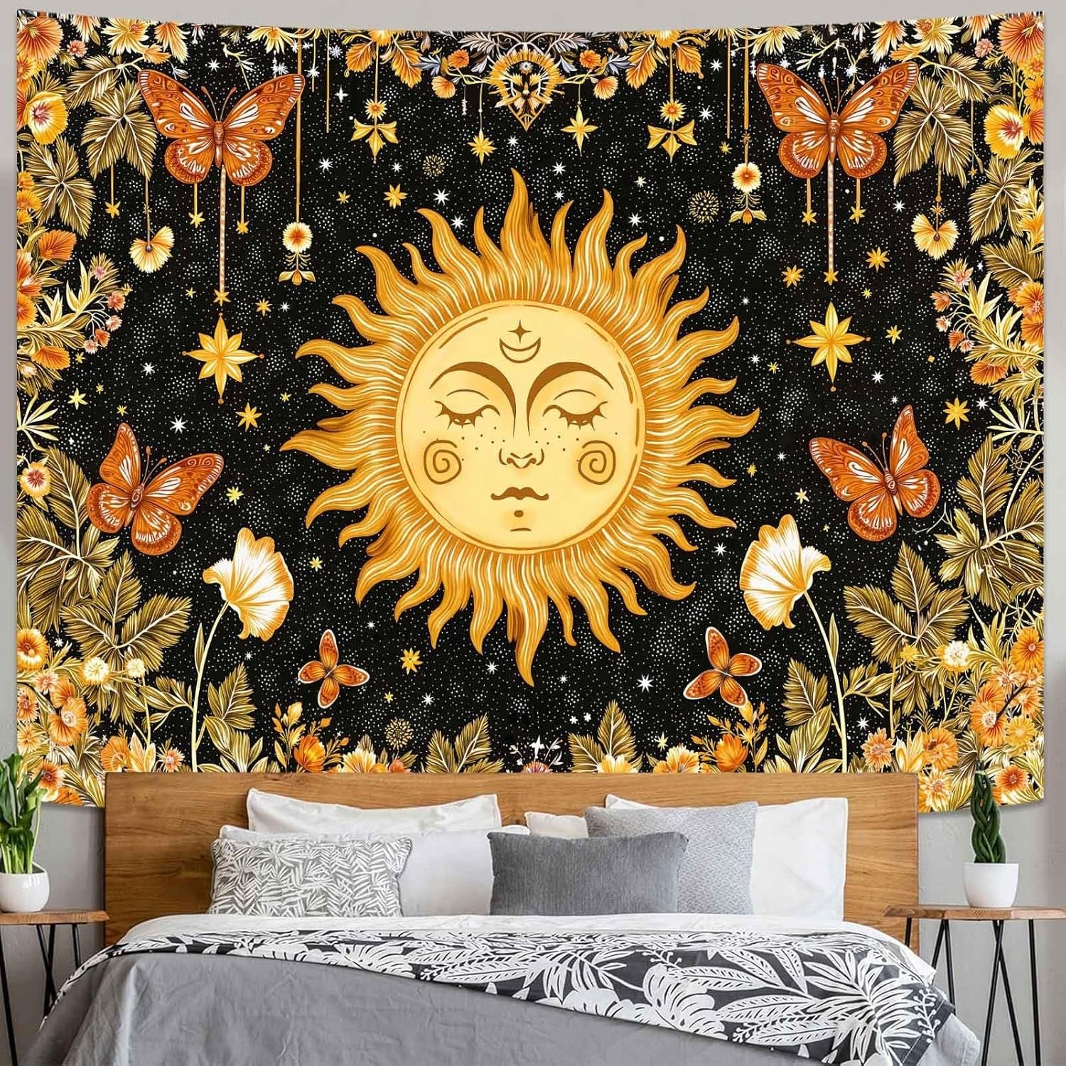 Sun Face Tapestry Celestial Butterflies Stars Boho 44x60