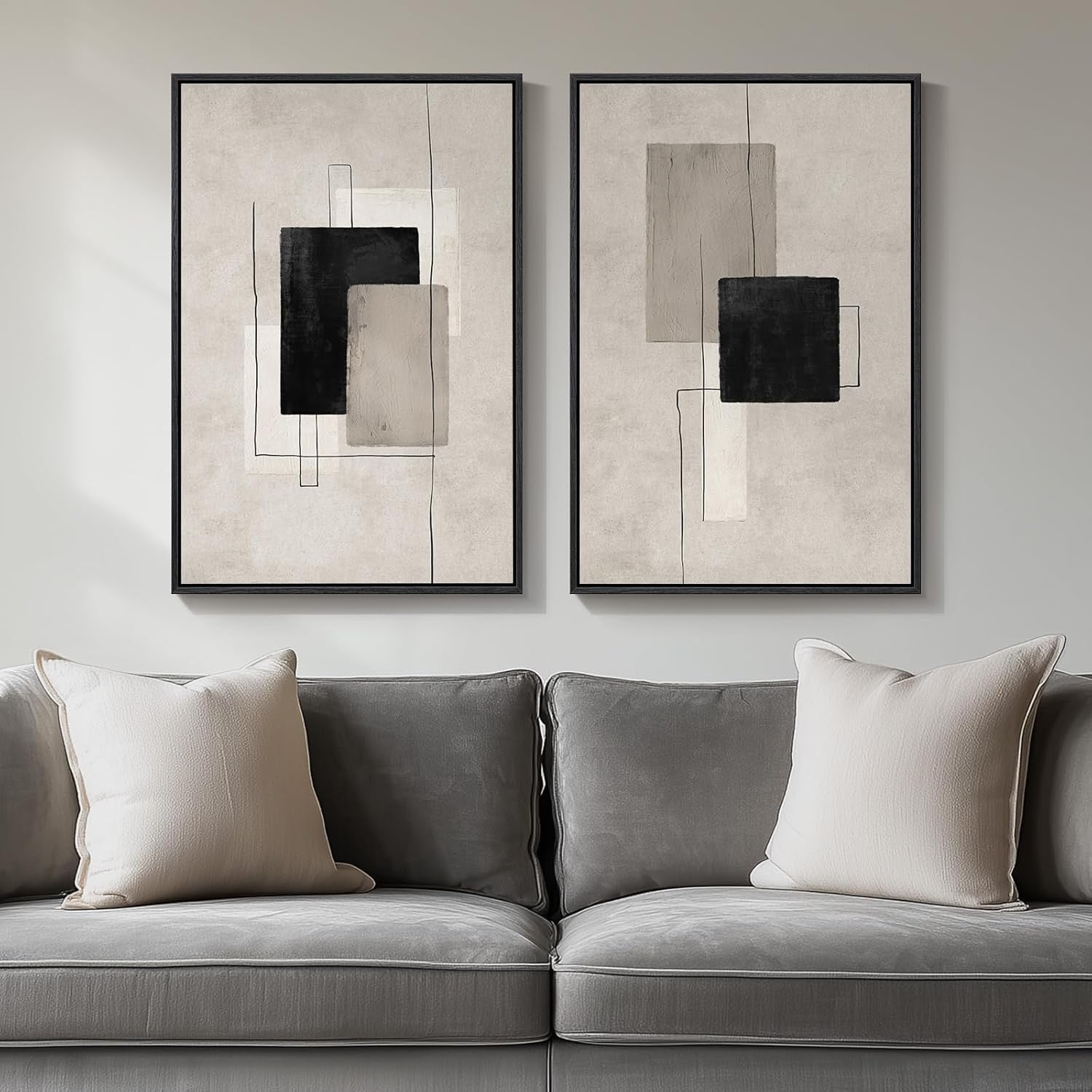 Set of 2 Neutral Abstract Canvas Wall Art 16x24in Framed