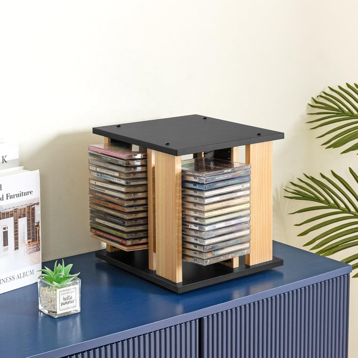 360° Rotating CD Storage Rack Holds 68 Cases Wood Organizer Black