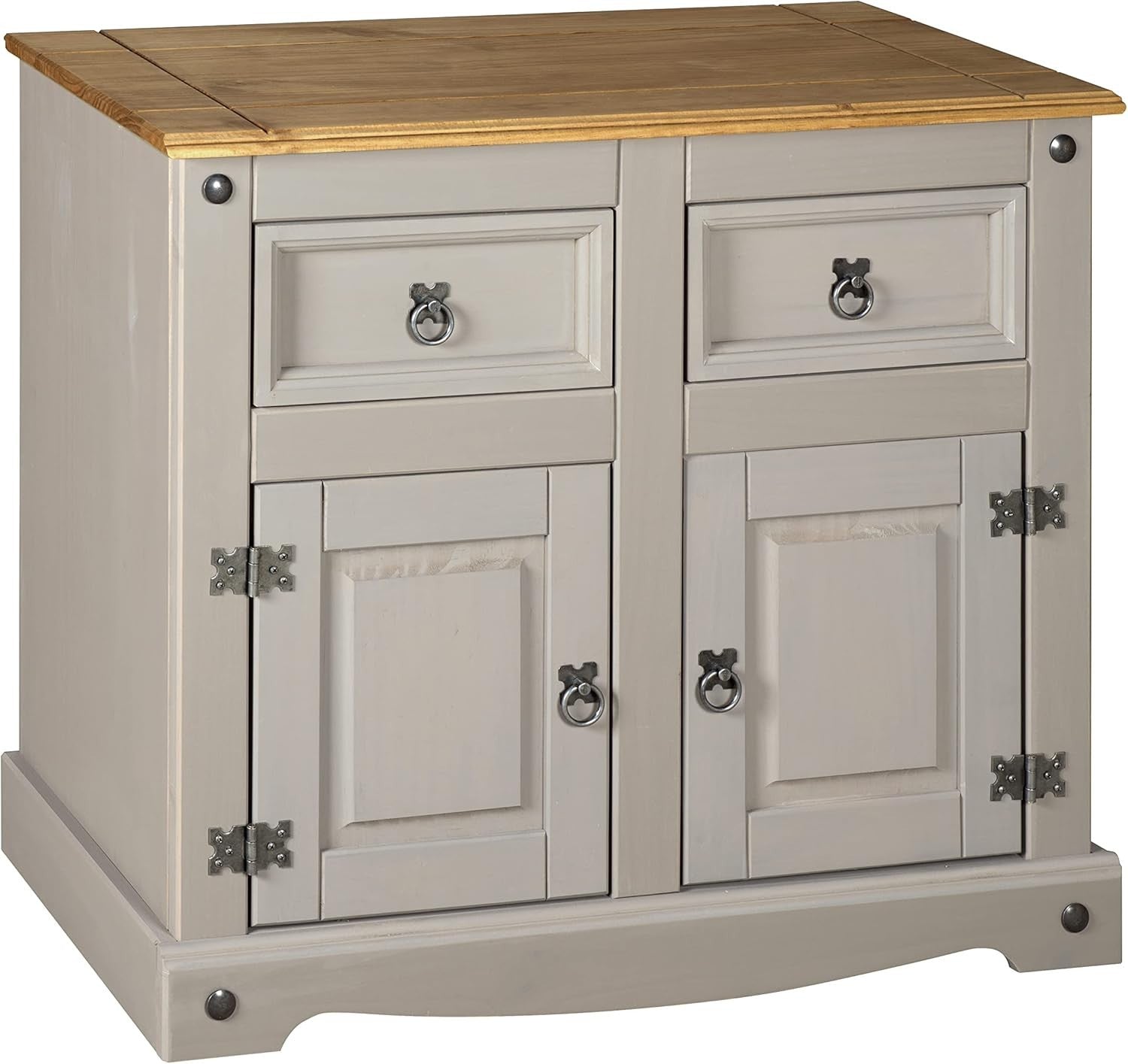 Rustic Grey Pine Sideboard Cabinet with 2 Drawers & Doors Storage Cupboard