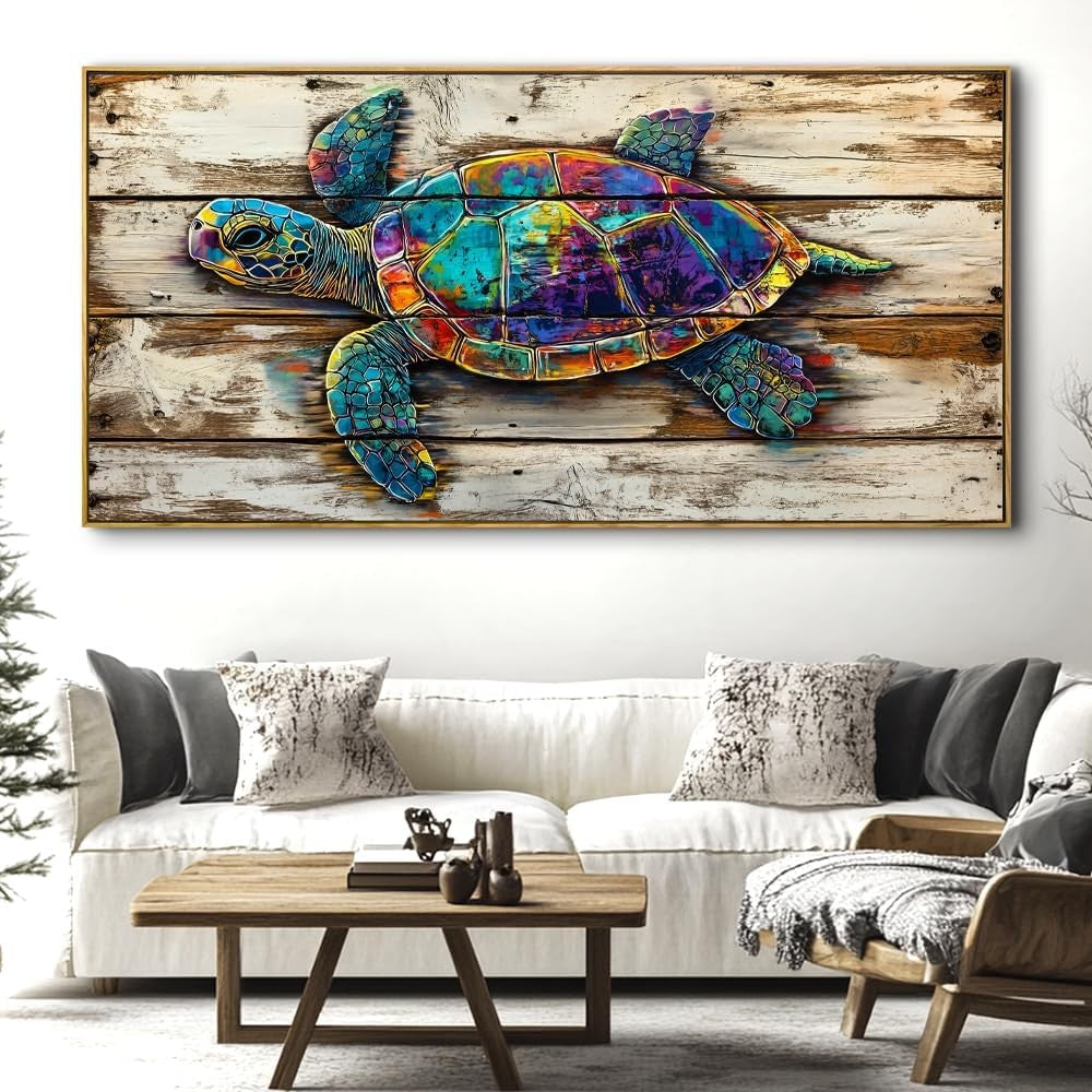 Sea Turtle Abstract Wall Art – Large Framed Canvas Painting 40x20in