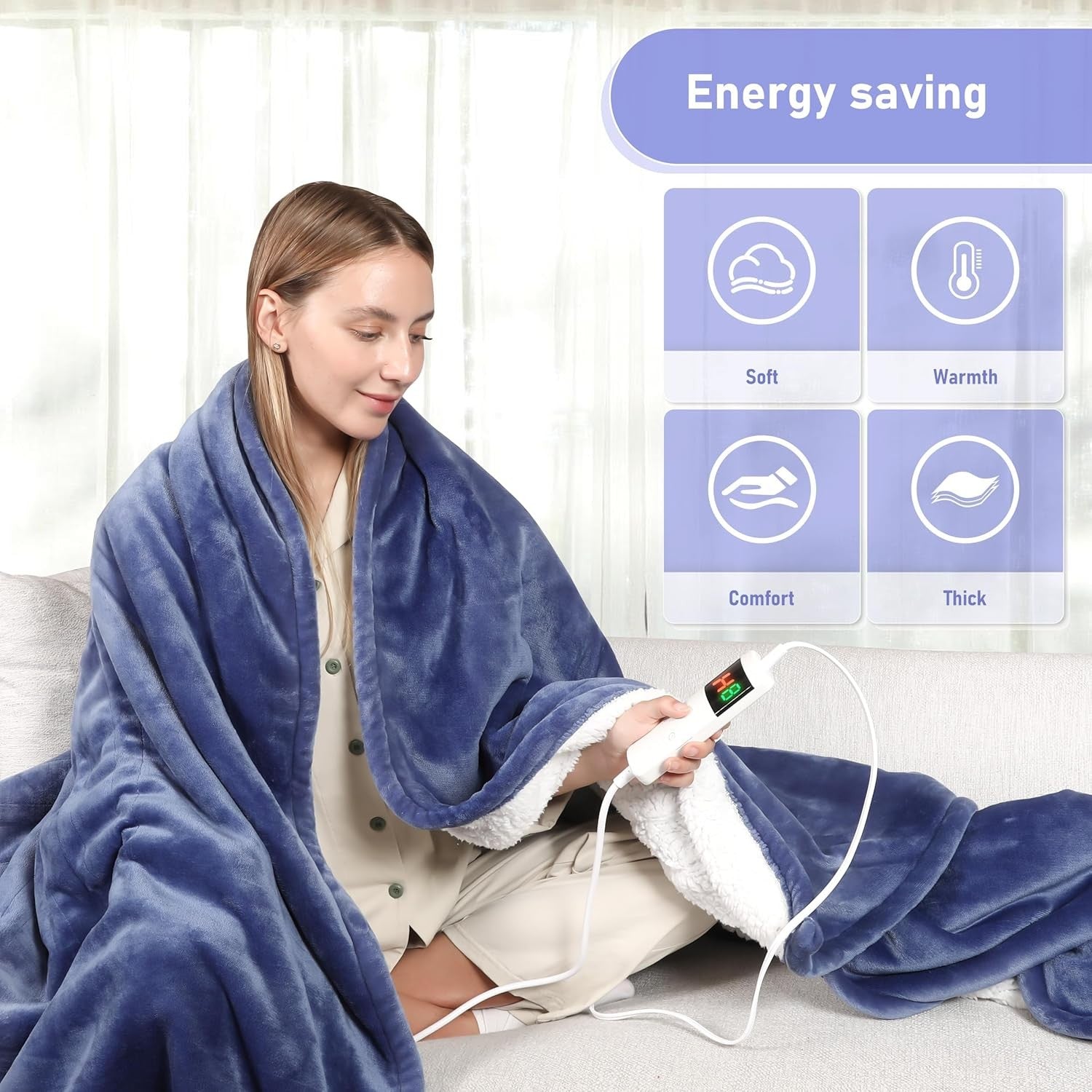 Electric Heated Throw Blanket Sky Blue 130x160cm Sherpa Fleece Auto Off