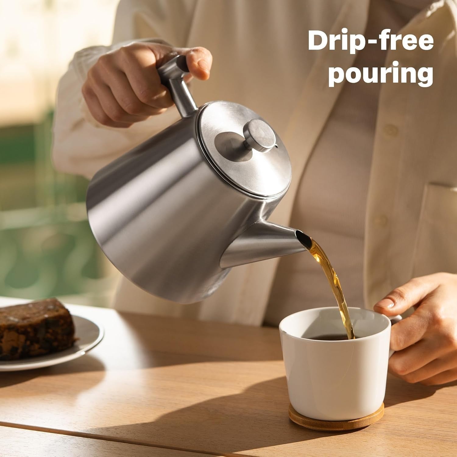 Stainless Steel Teapot 1L Double Wall Insulated w/ Tea Strainer Silver