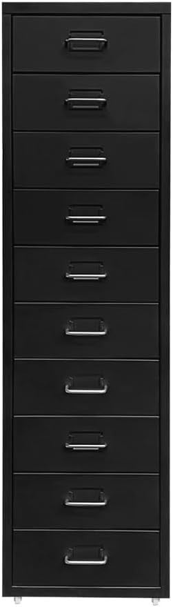 Black Metal 10 Drawer Mobile Filing Cabinet Tall Office Storage on Wheels