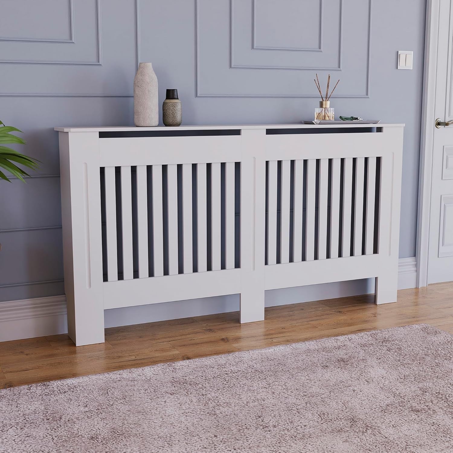 Large White Radiator Cover Cabinet | Modern MDF Slatted Heater Cover with Shelf